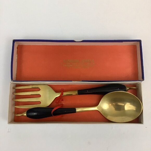 Bangkok Jewels Kitchen Serving Utensils Large Fork and Large Spoon Set Gold Tone - Picture 1 of 8